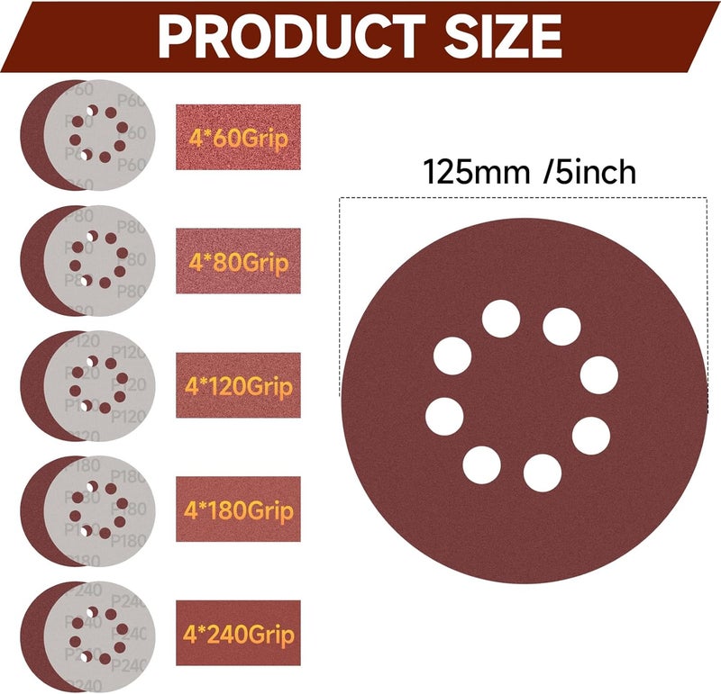 Labfintom 20PCS 5 Inch Sanding Discs, 8 Hole Hook and Loop Sandpaper 60 80 120 180 240 Grit Set, Round Orbital Sand Paper Discs for Sander(Orbit Sanders not Included) - Image 2